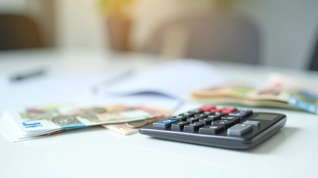 Taschenrechner neben Münzstapeln und Euro-Scheine, Steuererklärungsformular im Hintergrund, Makrofotografie von Finanzplanung