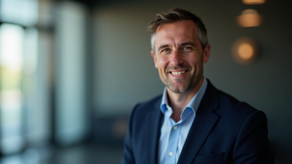 Finanzberater im dunkelblauen Blazer, obere Körperhälfte, professionelles Portrait mit Blick auf die Kamera, modernes Büro mit unscharfem Hintergrund