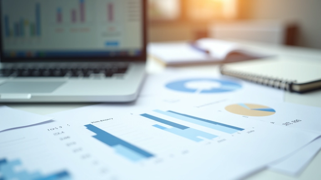 Dokumentation mit Diagrammen und Finanzplan, Laptop zeigt Tabellenkalkulationen, warmes Bürolicht auf Schreibtisch mit Notizen