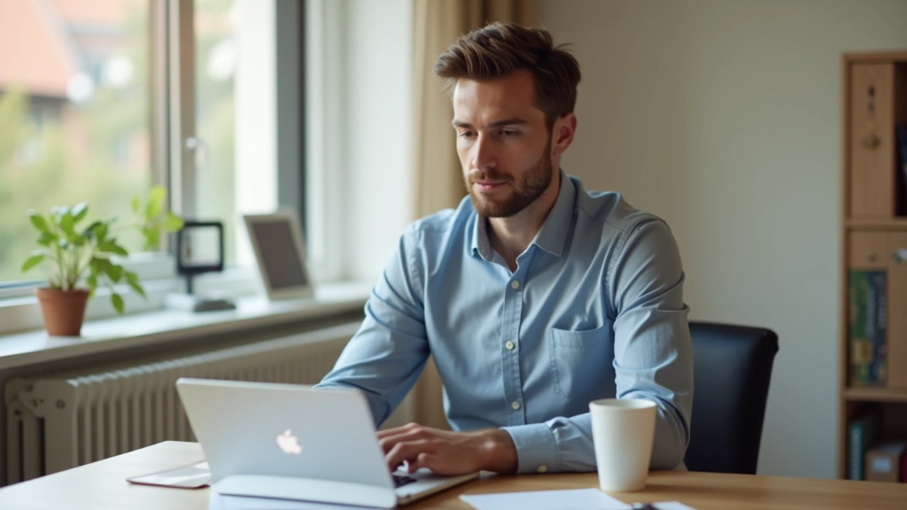 Freiberufler sitzt am Laptop, arbeitet an Finanzplanung, Schreibtisch mit Kaffee und Notizbuch, helles Homeoffice