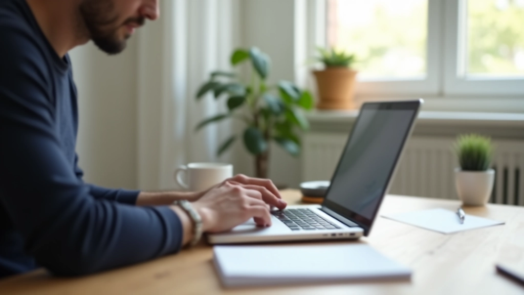 Freiberufler arbeitet am Laptop mit Notizblock, flexibles Homeoffice-Setup