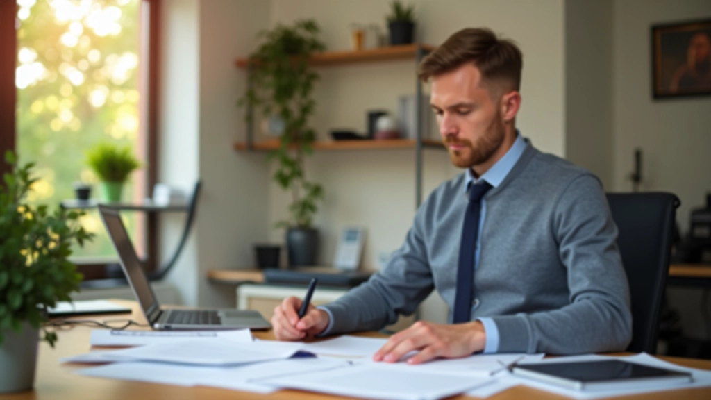 Freiberufler am Schreibtisch mit Laptop und Finanzunterlagen, natürliche Beleuchtung, professionelle Arbeitsumgebung