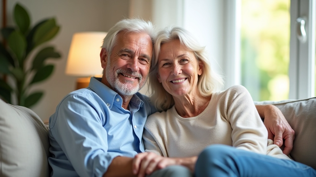 Älteres Ehepaar sitzt im Wohnzimmer, entspannt und zufrieden