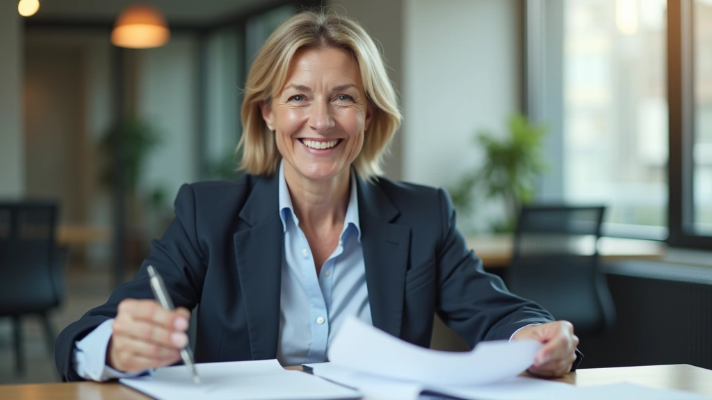 Reife Frau mittleren Alters bei Finanzberatung, sitzt am Schreibtisch mit Dokumenten, Beratergespräch im hellen Büro